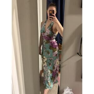 Adrianna Papell Dress Size 6 Floral Pattern Satin Halter Maxi Formal Prom Dress